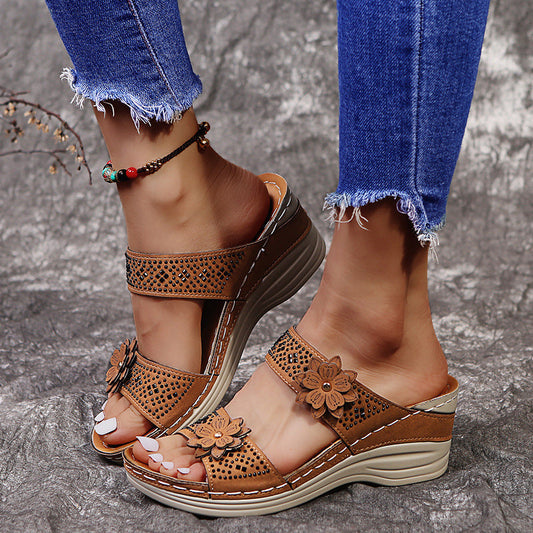 lusailstore - Retro Casual Flower Wedge Sandals Slippes