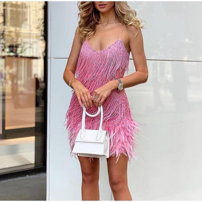 lusailstore - Women's Feather Fringe Sequin Spaghetti Strap Dress