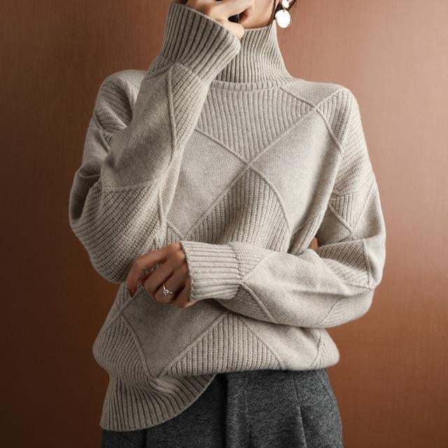 lusailstore - Loose Cashmere Turtleneck Sweater Cardigan