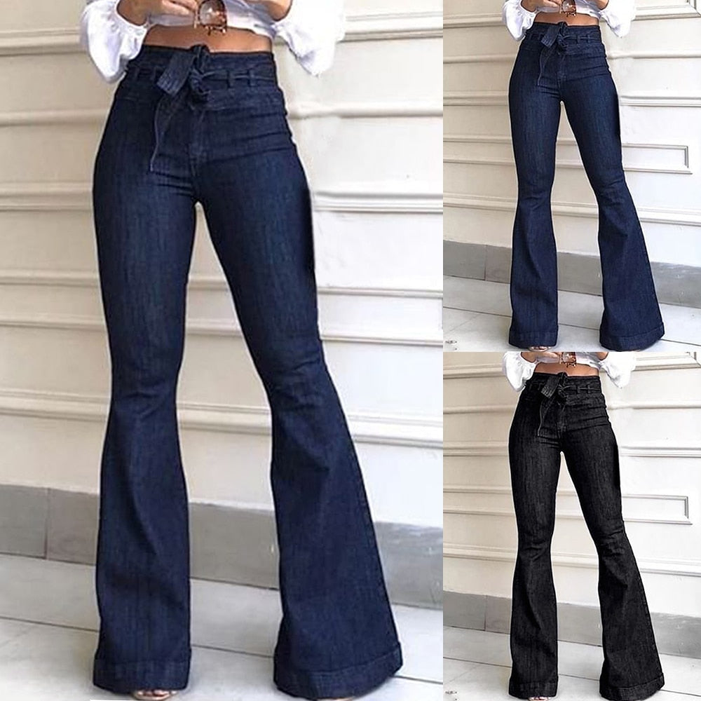 lusailstore - Women High Waist Bandage Wide Leg Denim Jeans