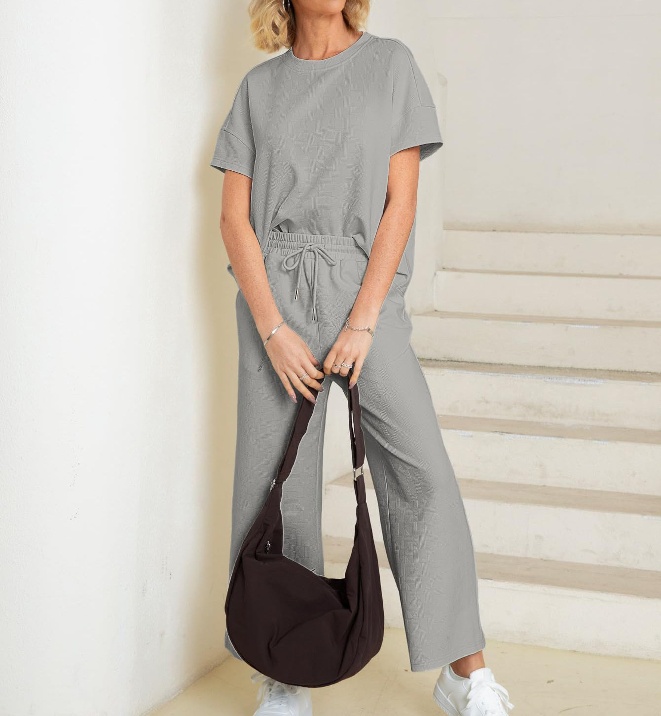 lusailstore - Casual short-sleeved loose top and wide-leg pants suit