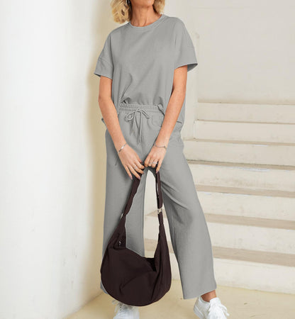 lusailstore - Casual short-sleeved loose top and wide-leg pants suit