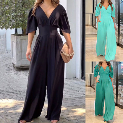 lusailstore - V-neck high waist loose wide-leg jumpsuit