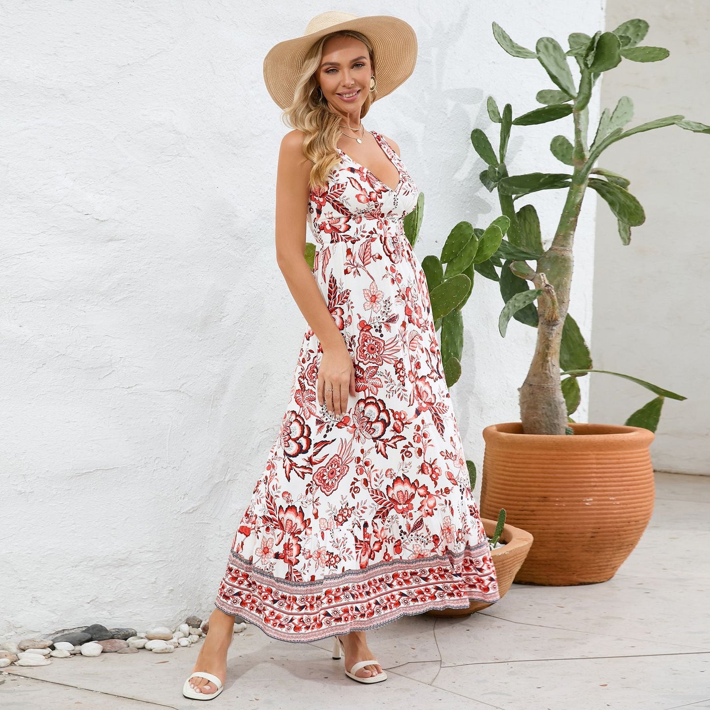 lusailstore - Vintage Floral Print Summer Maxi Dress