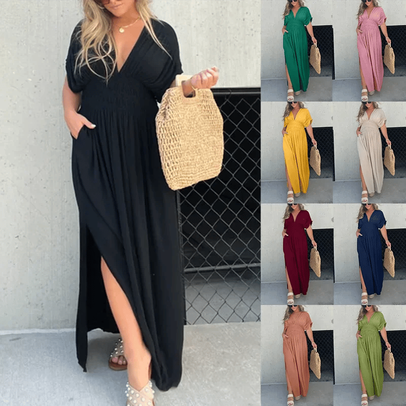 lusailstore - Slit V-neck casual long dress