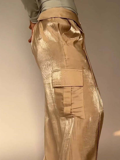 lusailstore - Golden Years Glitter Fabric Drawstring Waist Pocketed Wide Leg Pants