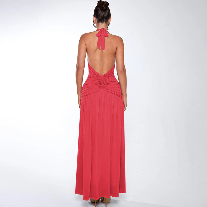 lusailstore - Halter neck V-neck open back pleated slit high waist midi dress