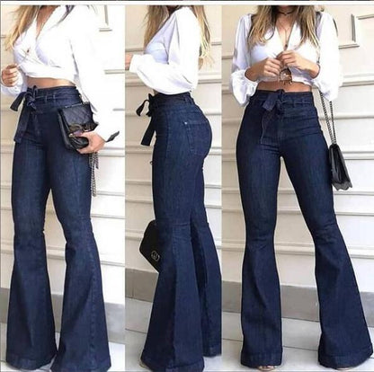 lusailstore - Women High Waist Bandage Wide Leg Denim Jeans