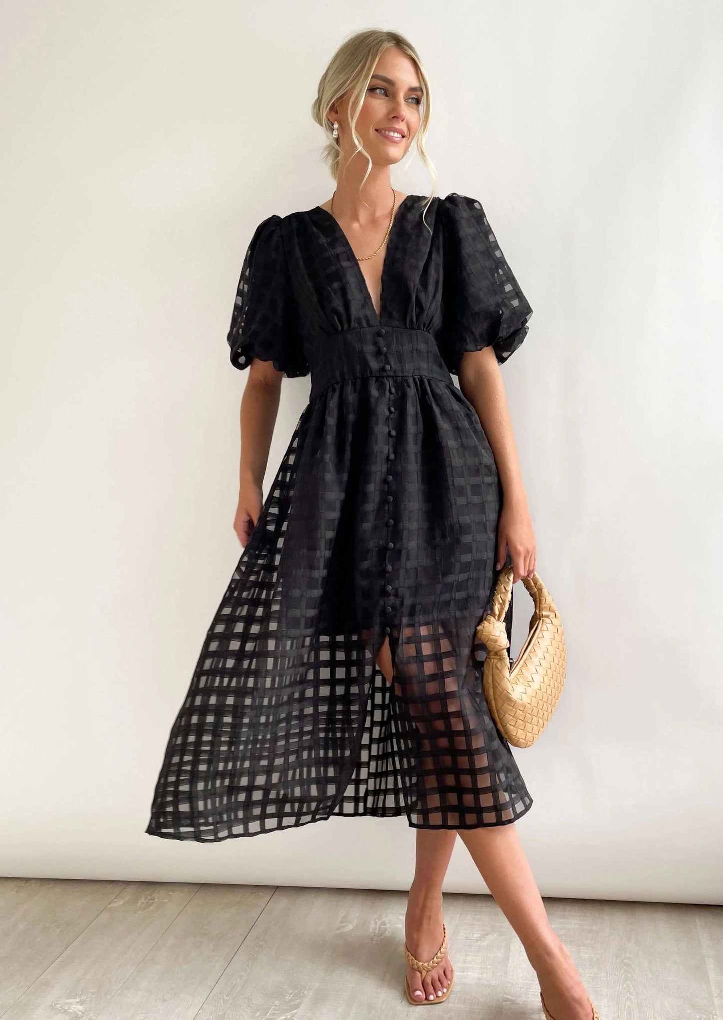 lusailstore- Beautiful square pattern fabric puff sleeve midi