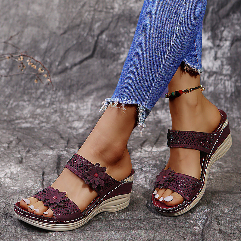 lusailstore - Retro Casual Flower Wedge Sandals Slippes