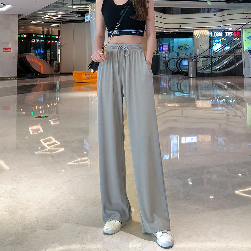 lusailstore - Drawstring Ice Silk Wide-Leg Lounge Pants