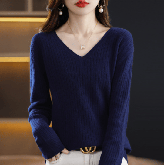 lusailstore- V-Neck Pullover Long Sleeve Solid Color Cashmere Sweater