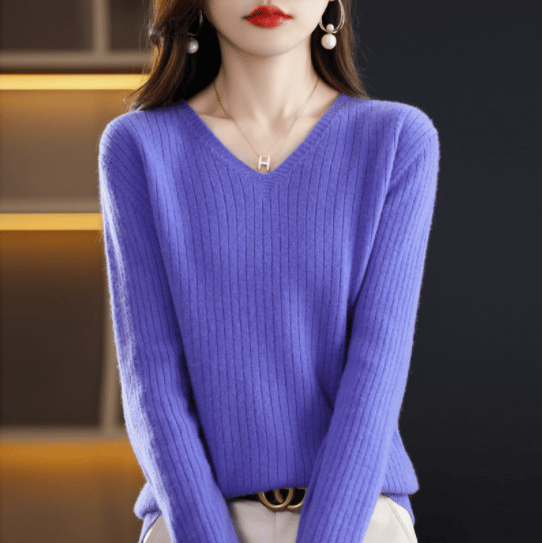 lusailstore- V-Neck Pullover Long Sleeve Solid Color Cashmere Sweater