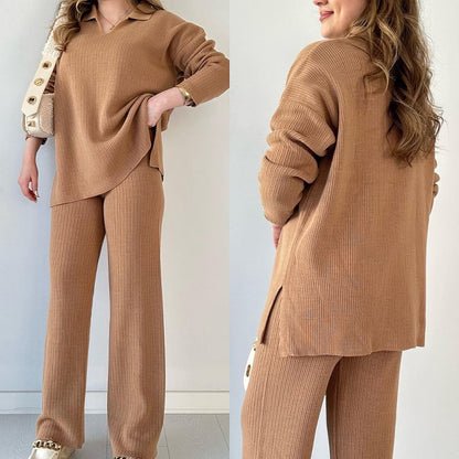 lusailstore - V-neck casual slit knitted two-piece set