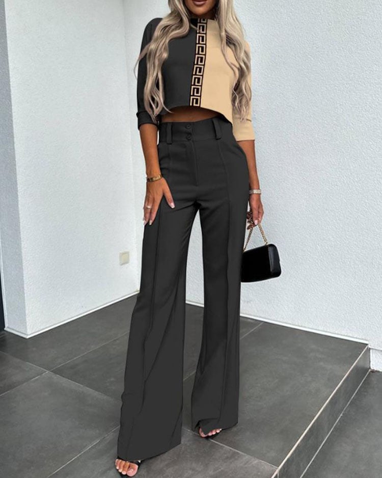 lusailstore- Fashionable solid color high waisted straight pants suit