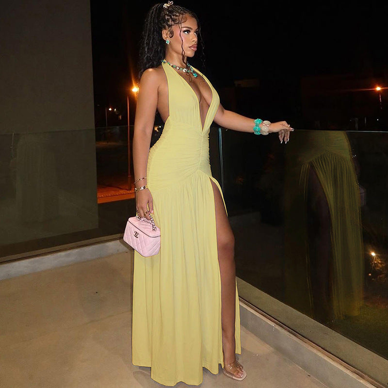 lusailstore - Halter neck V-neck open back pleated slit high waist midi dress