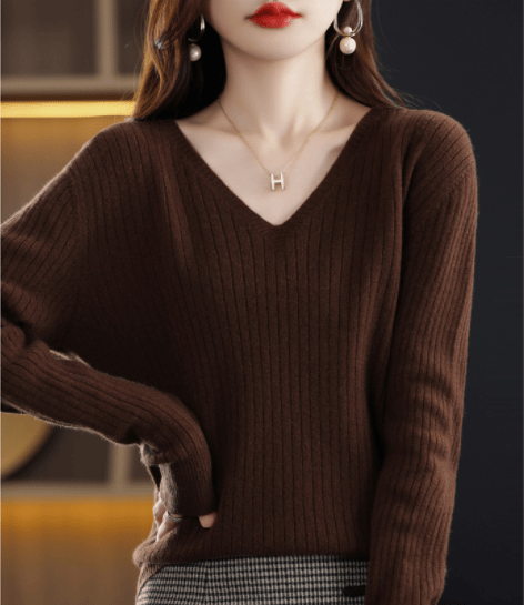 lusailstore- V-Neck Pullover Long Sleeve Solid Color Cashmere Sweater