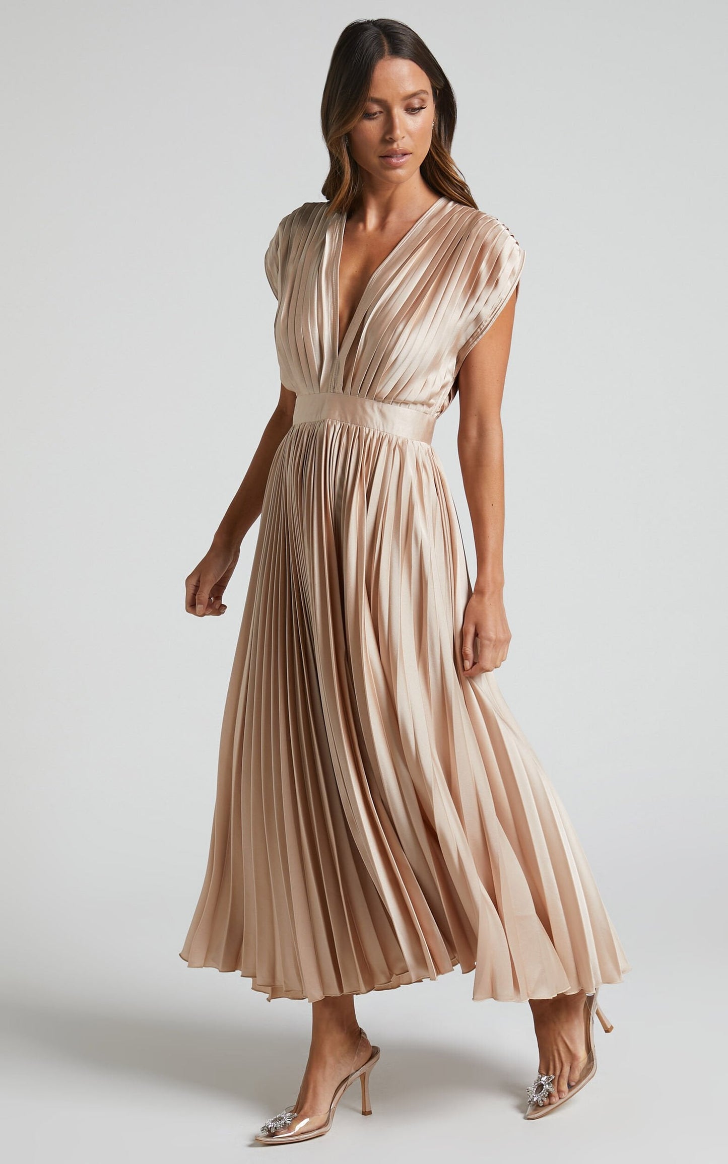 lusailstore - Draped V-Neck Pleated Skirt Dress