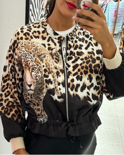 lusailstore - Leopard print drawstring bomber jacket