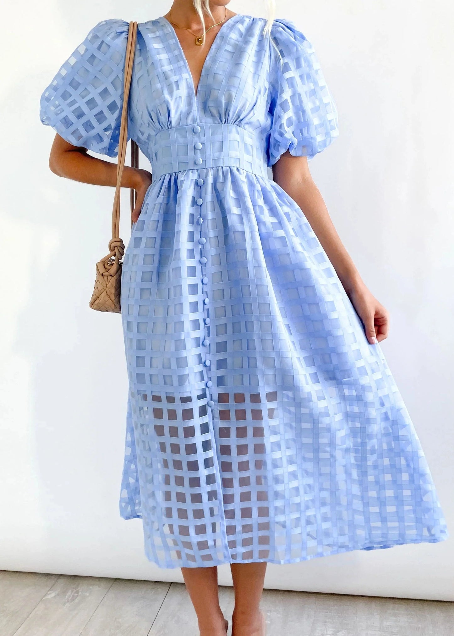 lusailstore- Beautiful square pattern fabric puff sleeve midi