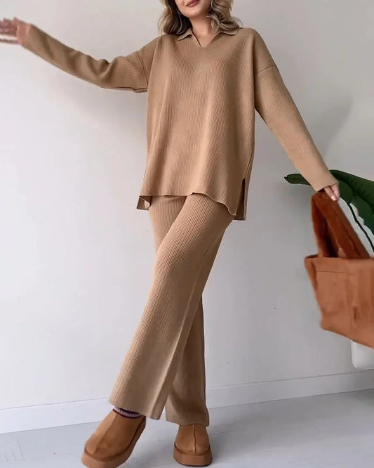 lusailstore - V-neck casual slit knitted two-piece set