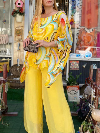 lusailstore -New Colorful Chiffon Set Casual Round Neck Print