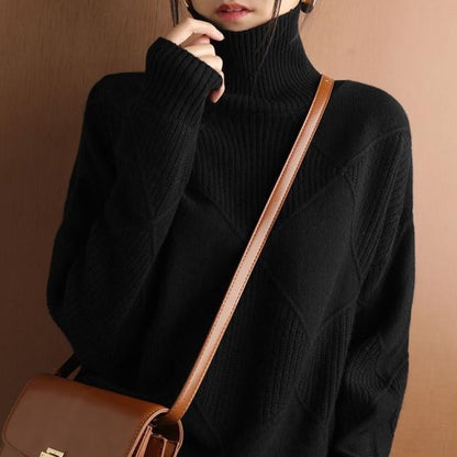 lusailstore - Loose Cashmere Turtleneck Sweater Cardigan