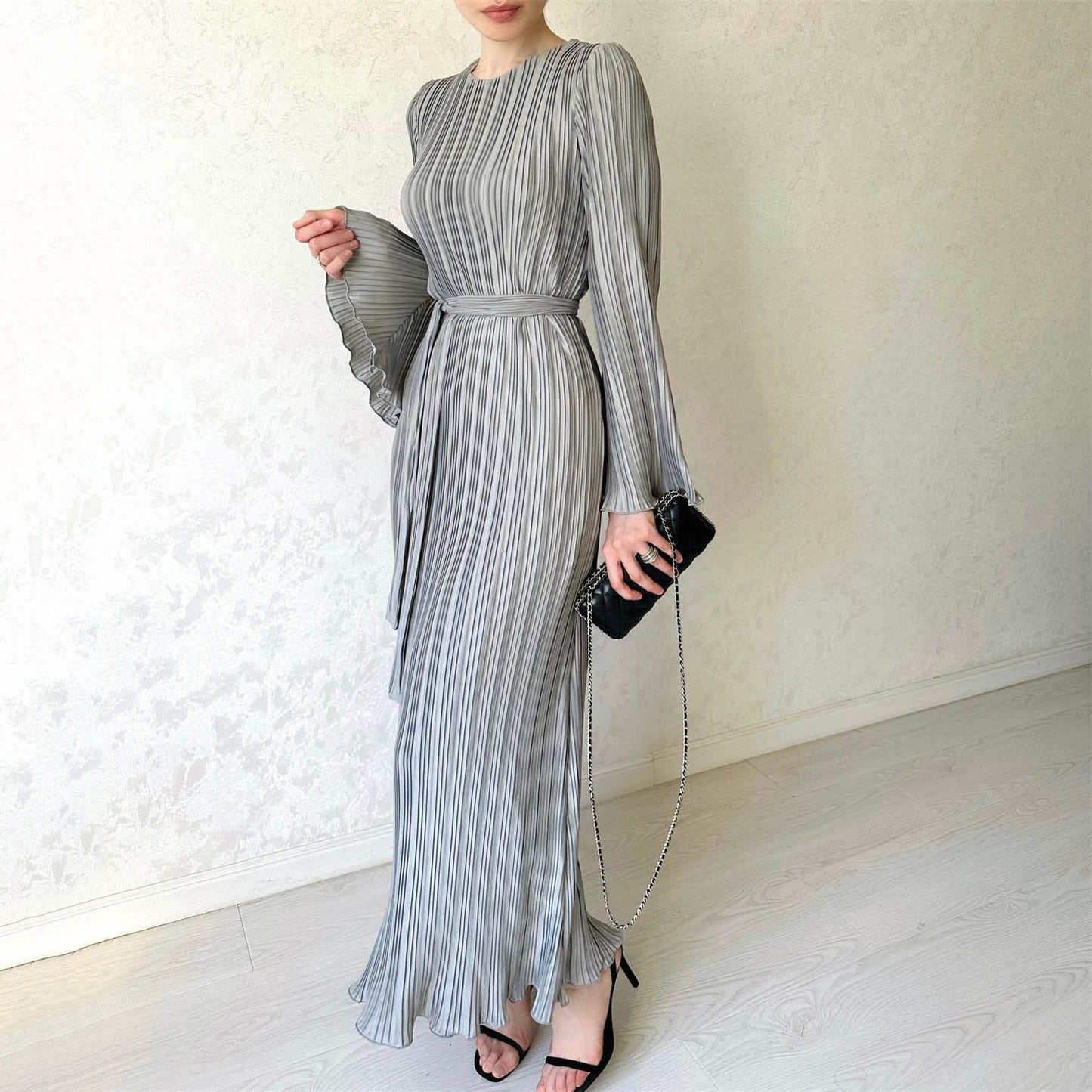 lusailstore - Pleated Bell Sleeve Maxi Dress