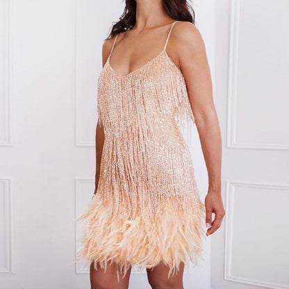 lusailstore - Women's Feather Fringe Sequin Spaghetti Strap Dress