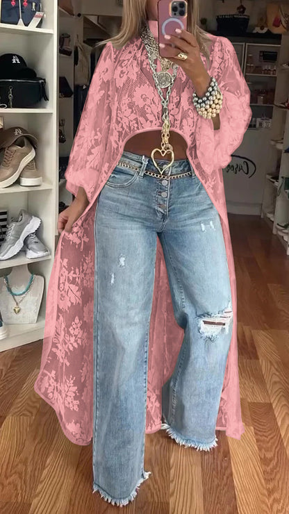 lusailstore - women's round neck lace short-front-long-back casual tops