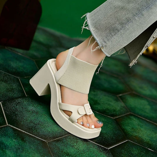 lusailstore-Knit Leather Roman High Heel Sandals