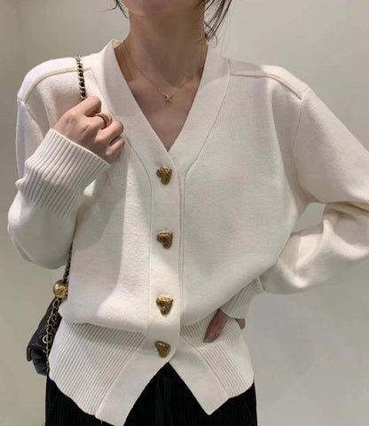 lusailstore - V-Neck Casual Solid Heart-Shaped Buttoned Sweater Jacket