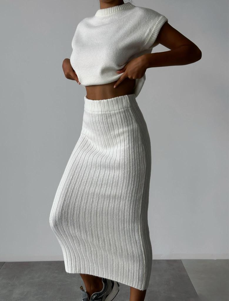 lusailstore - Knit Short Sleeve Sweater and Stretch Ribbed Midi Skirt Set