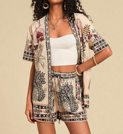 lusailstore - summer new fashion casual printed cardigan shorts sets