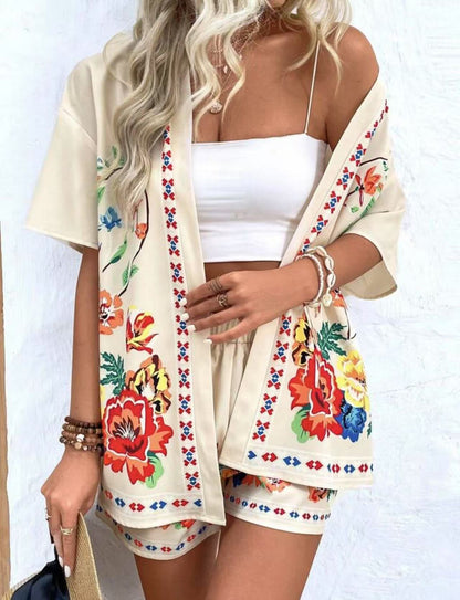 lusailstore - summer new fashion casual printed cardigan shorts sets