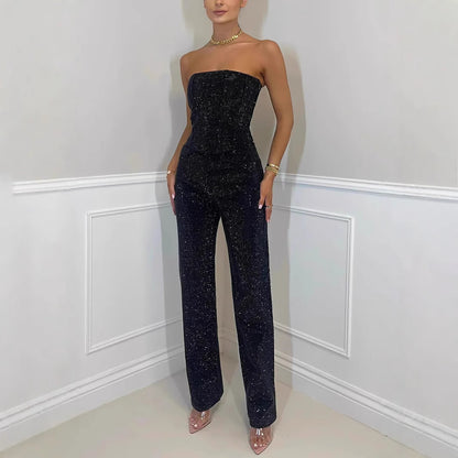lusailstore - Women's sexy off-shoulder sparkling diamond pants suit