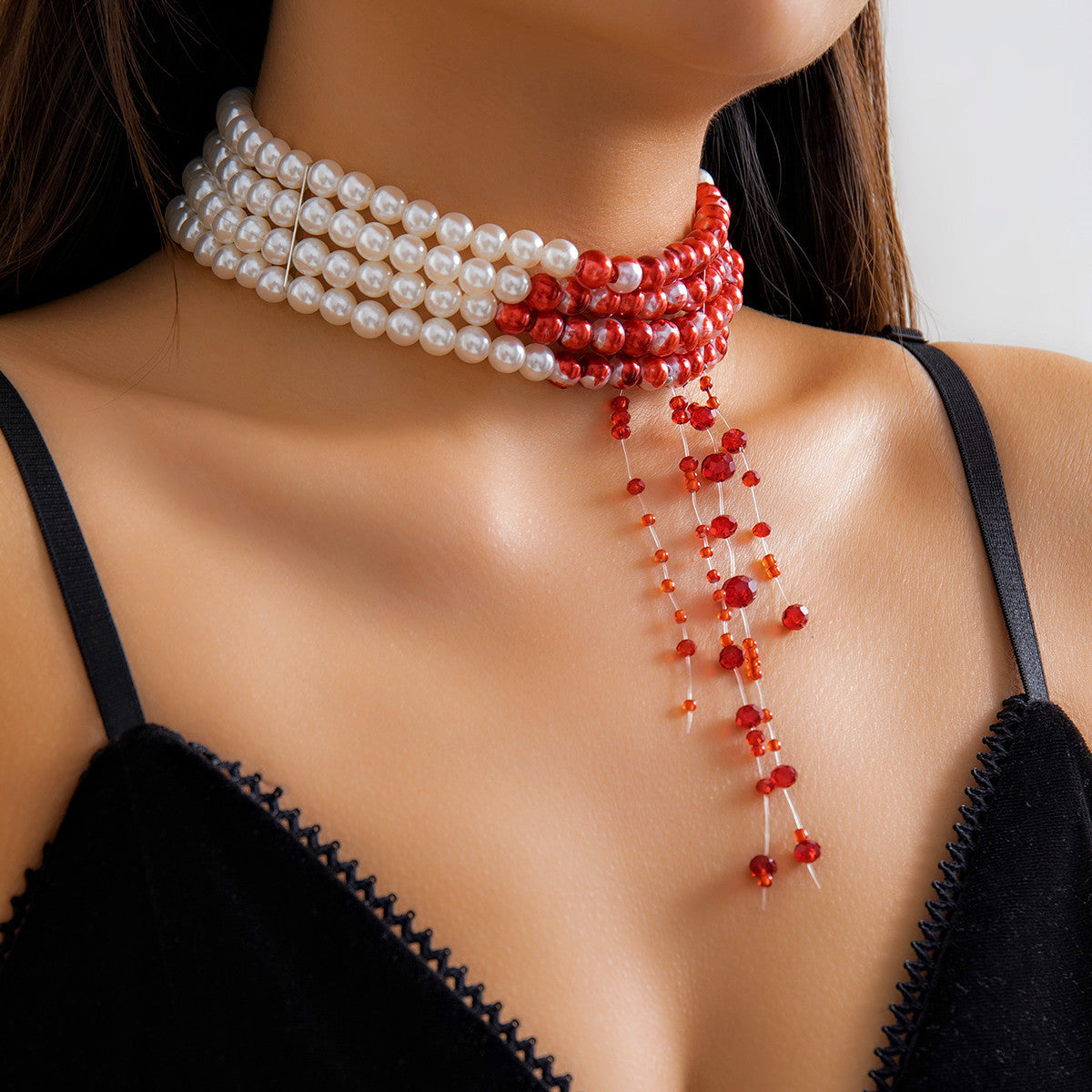 lusailstore - Red Blood Pattern Pearl Tassel Necklace