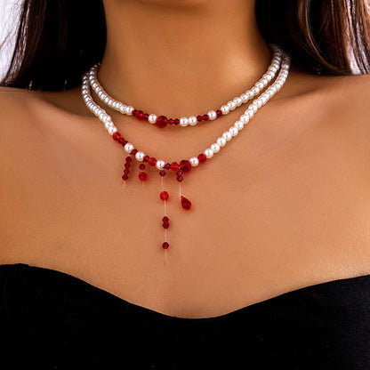 lusailstore - Red Blood Pattern Pearl Tassel Necklace