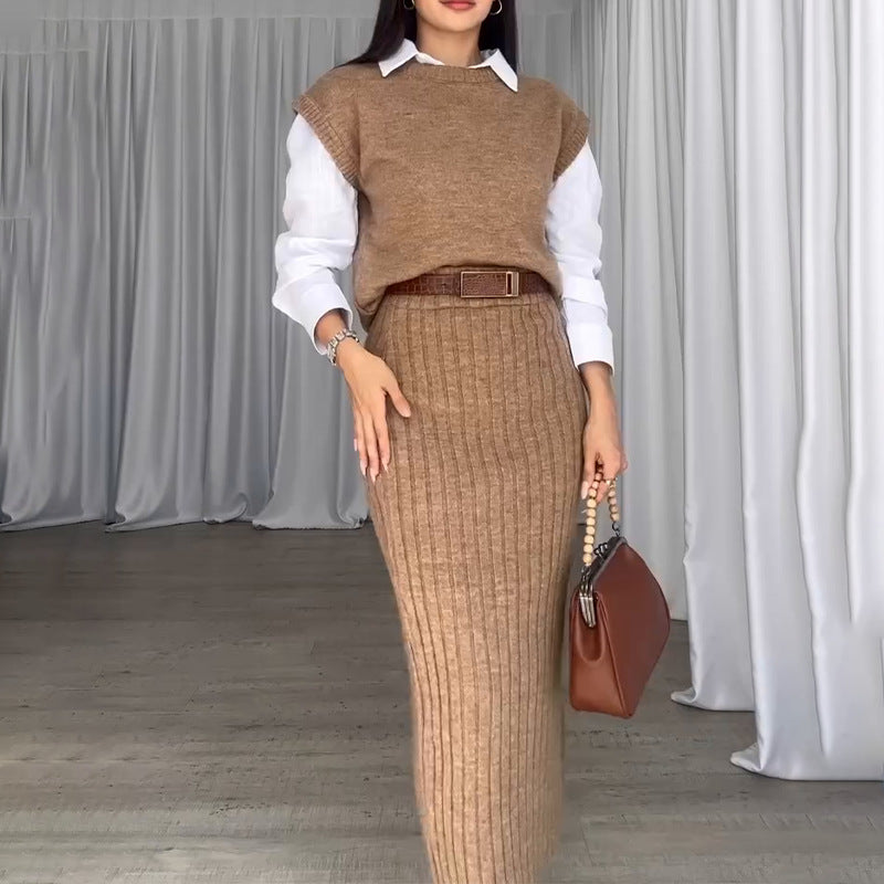 lusailstore - Knit Short Sleeve Sweater and Stretch Ribbed Midi Skirt Set