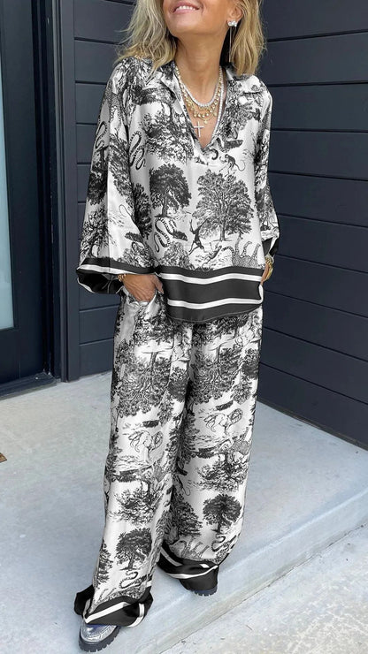 lusailstore - Women's V-neck long-sleeved printed casual suit