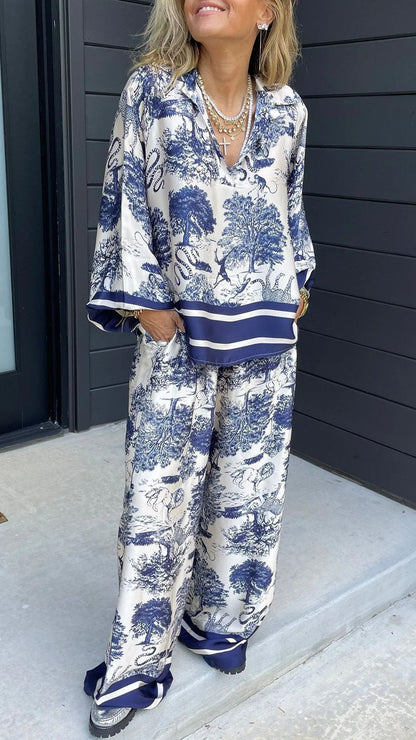 lusailstore - Women's V-neck long-sleeved printed casual suit