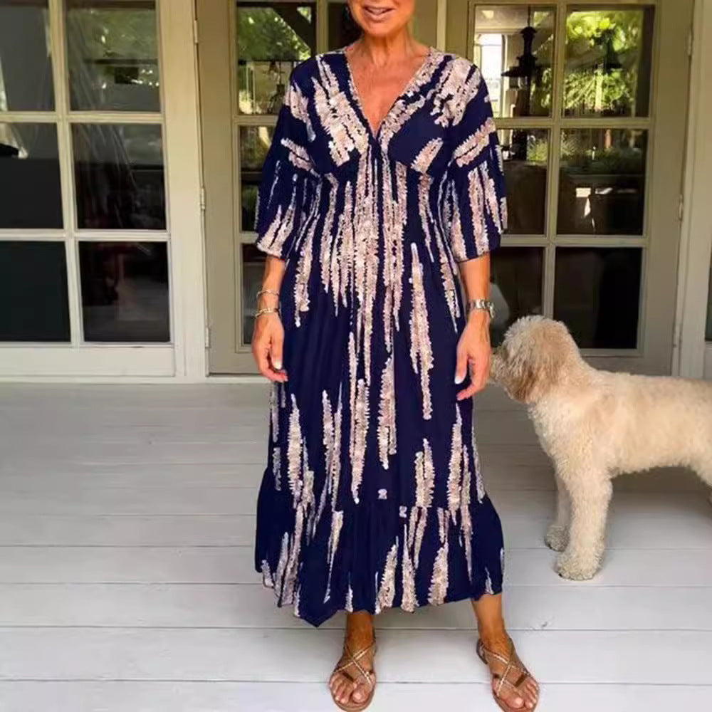 lusailstore - V-neck tie-dye print dress