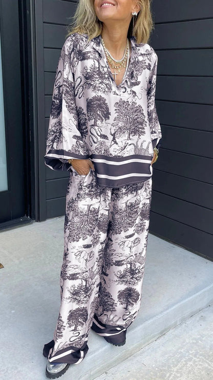 lusailstore - Women's V-neck long-sleeved printed casual suit
