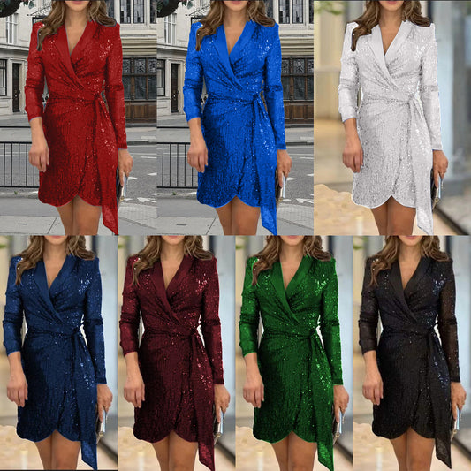 lusailstore - sequined suit collar tie dresses