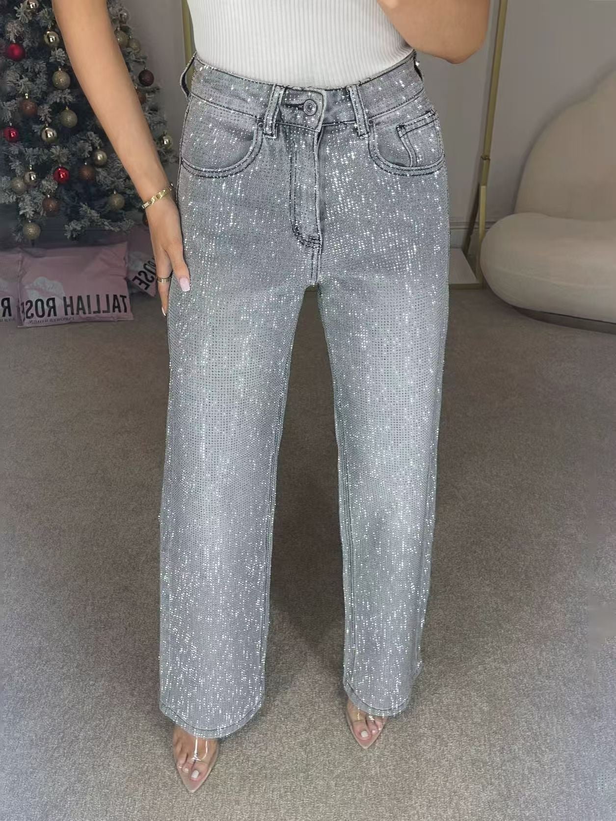 lusailstore - Sparkling Rhinestone Straight Leg Jeans