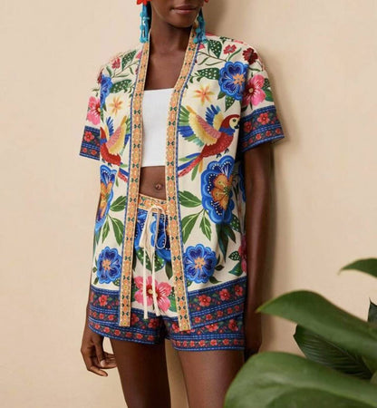lusailstore - summer new fashion casual printed cardigan shorts sets