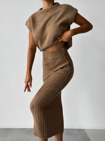 lusailstore - Knit Short Sleeve Sweater and Stretch Ribbed Midi Skirt Set