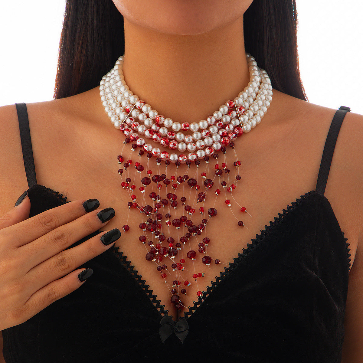 lusailstore - Red Blood Pattern Pearl Tassel Necklace