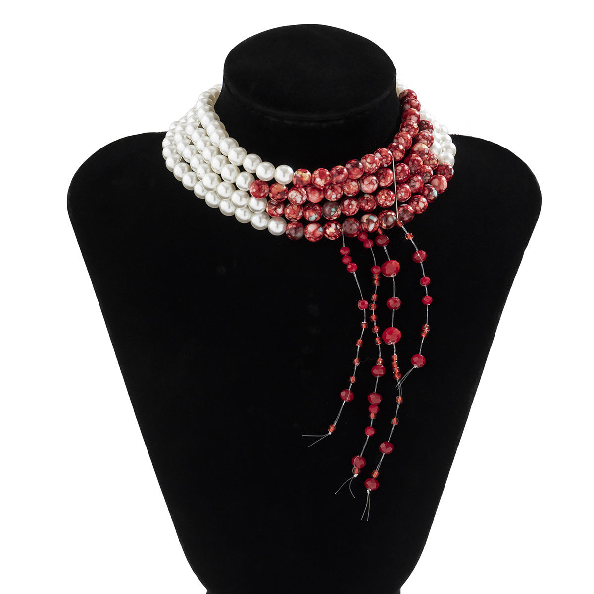 lusailstore - Red Blood Pattern Pearl Tassel Necklace