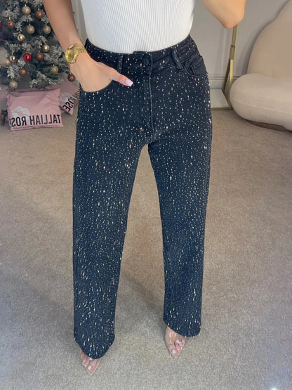 lusailstore - Sparkling Rhinestone Straight Leg Jeans